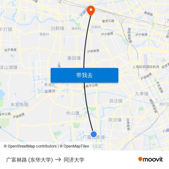 广富林路 (东华大学) to 同济大学 map
