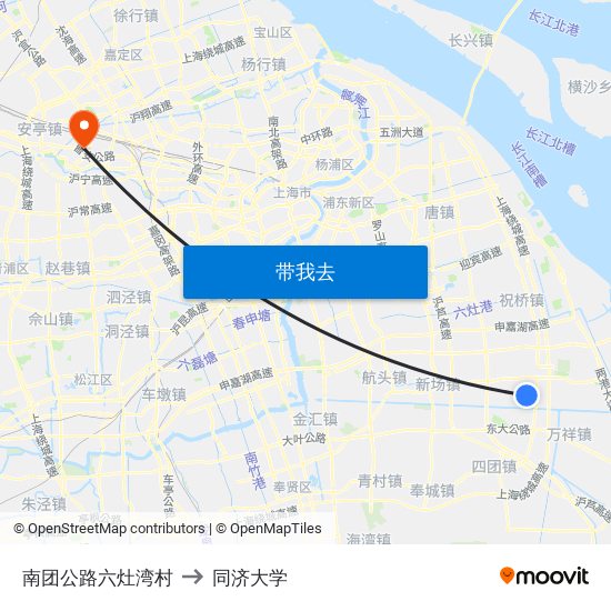 南团公路六灶湾村 to 同济大学 map