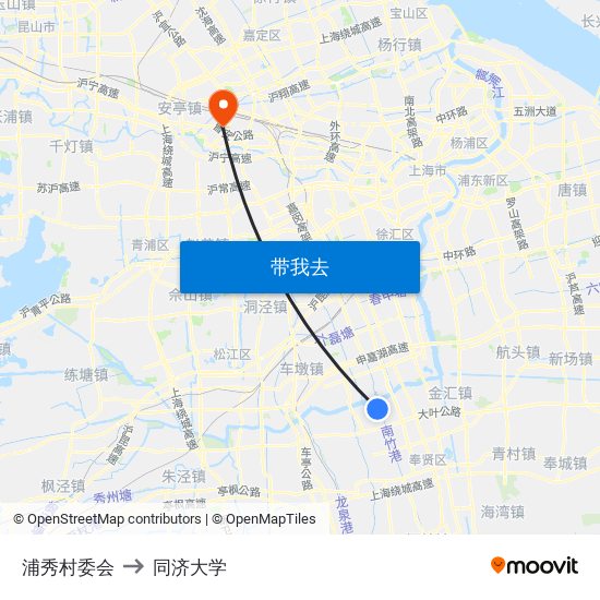 浦秀村委会 to 同济大学 map