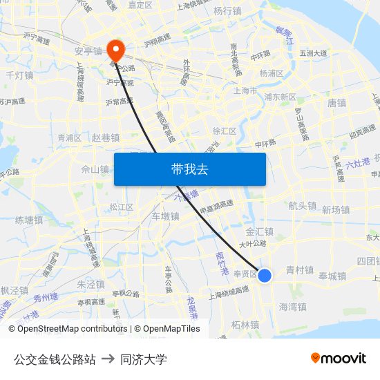 公交金钱公路站 to 同济大学 map