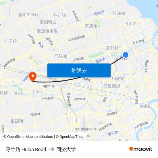 呼兰路 Hulan Road to 同济大学 map