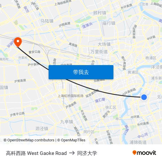 高科西路 West Gaoke Road to 同济大学 map