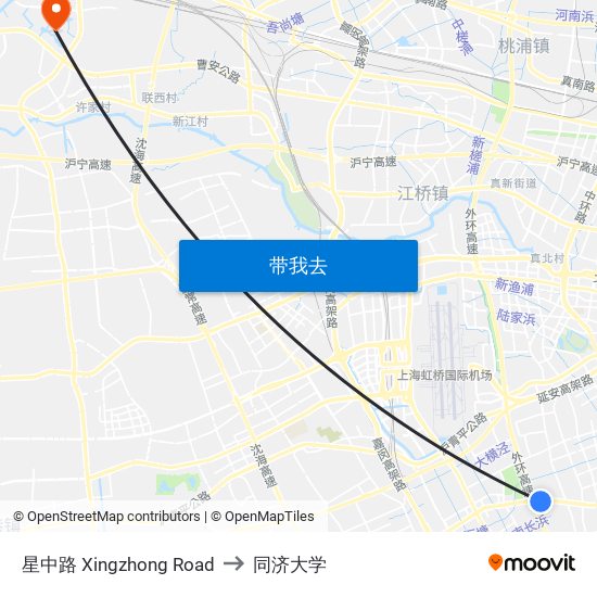 星中路 Xingzhong Road to 同济大学 map