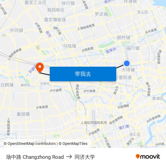 场中路 Changzhong Road to 同济大学 map