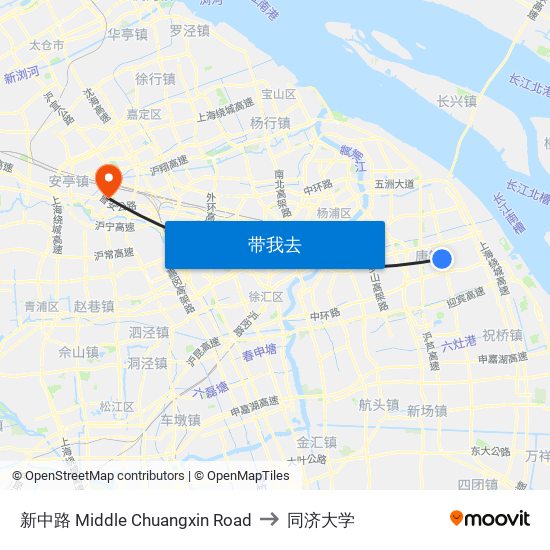 新中路 Middle Chuangxin Road to 同济大学 map