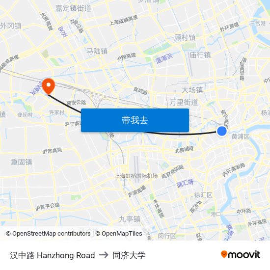 汉中路 Hanzhong Road to 同济大学 map