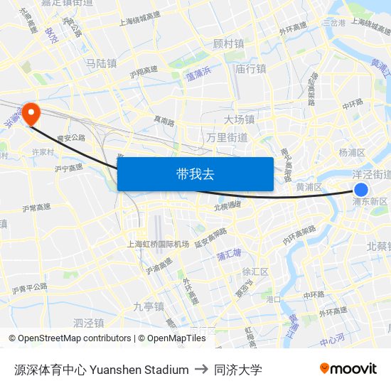 源深体育中心 Yuanshen Stadium to 同济大学 map