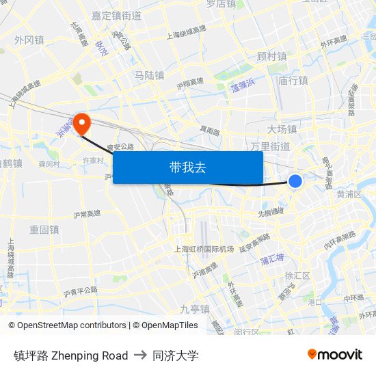 镇坪路 Zhenping Road to 同济大学 map