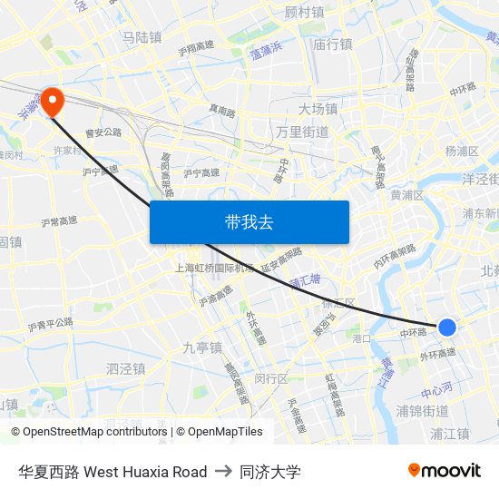 华夏西路 West Huaxia Road to 同济大学 map