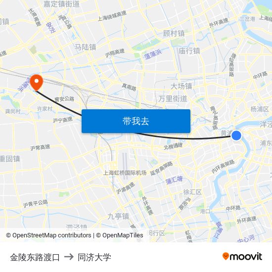 金陵东路渡口 to 同济大学 map