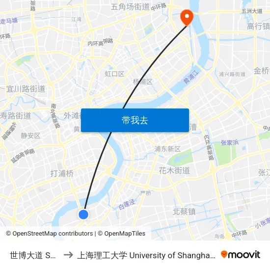 世博大道 Shibo Avenue to 上海理工大学 University of Shanghai for Science and Technology map