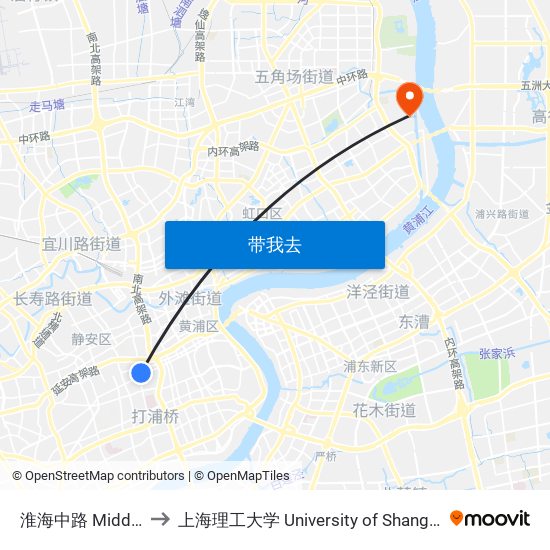 淮海中路 Middle Huaihai Road to 上海理工大学 University of Shanghai for Science and Technology map