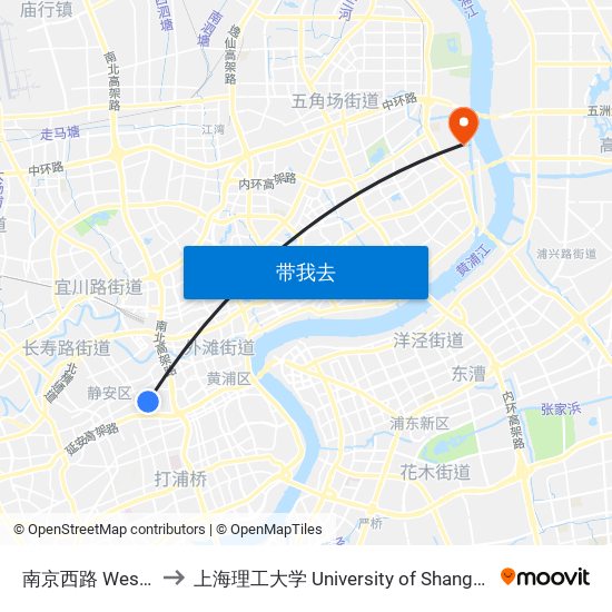 南京西路  West Nanjing Road to 上海理工大学 University of Shanghai for Science and Technology map