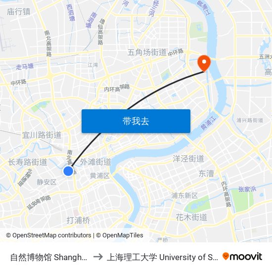 自然博物馆 Shanghai Natural History Museum to 上海理工大学 University of Shanghai for Science and Technology map