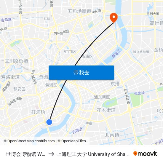 世博会博物馆 World Expo Museum to 上海理工大学 University of Shanghai for Science and Technology map