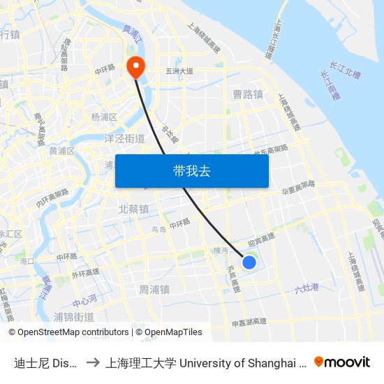 迪士尼 Disney Resort to 上海理工大学 University of Shanghai for Science and Technology map