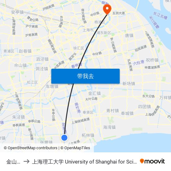 金山园区 to 上海理工大学 University of Shanghai for Science and Technology map