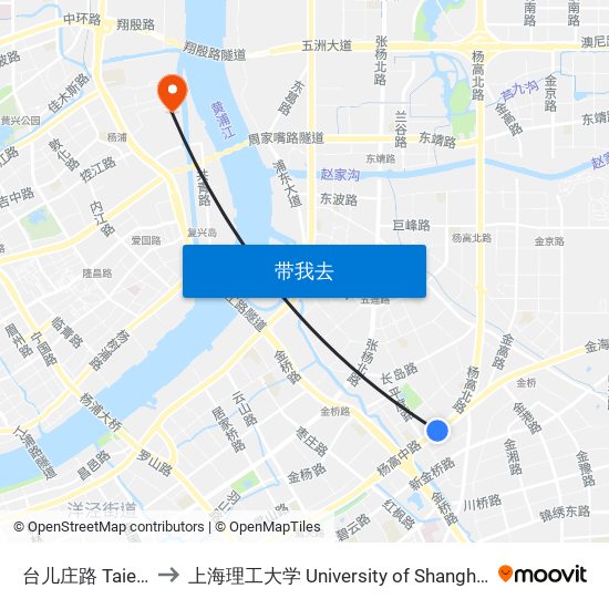 台儿庄路 Taierzhuang Road to 上海理工大学 University of Shanghai for Science and Technology map