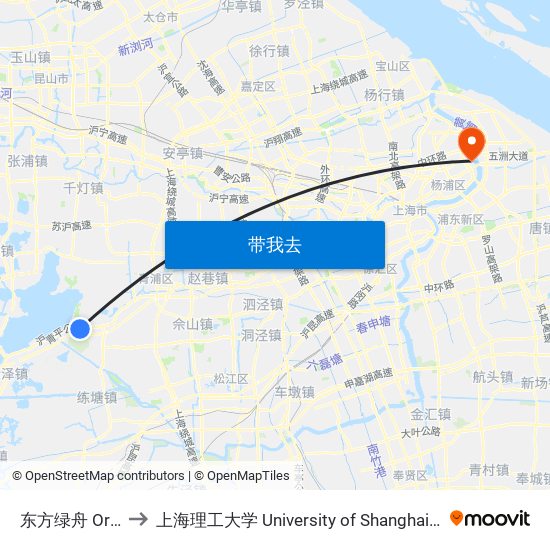 东方绿舟 Oriental Land to 上海理工大学 University of Shanghai for Science and Technology map