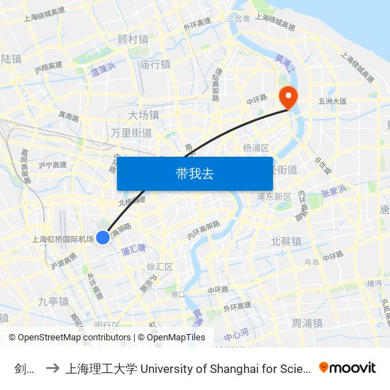 剑河路 to 上海理工大学 University of Shanghai for Science and Technology map