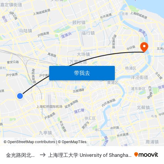 金光路闵北路(华山医院) to 上海理工大学 University of Shanghai for Science and Technology map