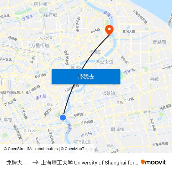 龙腾大道龙瑞路 to 上海理工大学 University of Shanghai for Science and Technology map