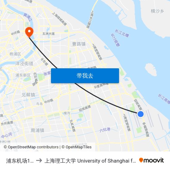 浦东机场1号航站楼 to 上海理工大学 University of Shanghai for Science and Technology map