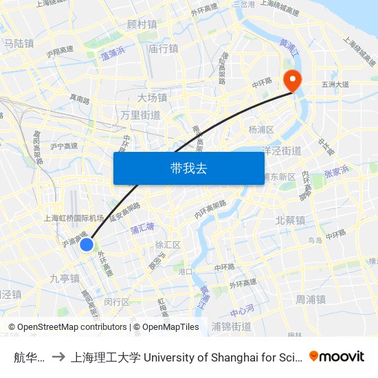 航华新村 to 上海理工大学 University of Shanghai for Science and Technology map