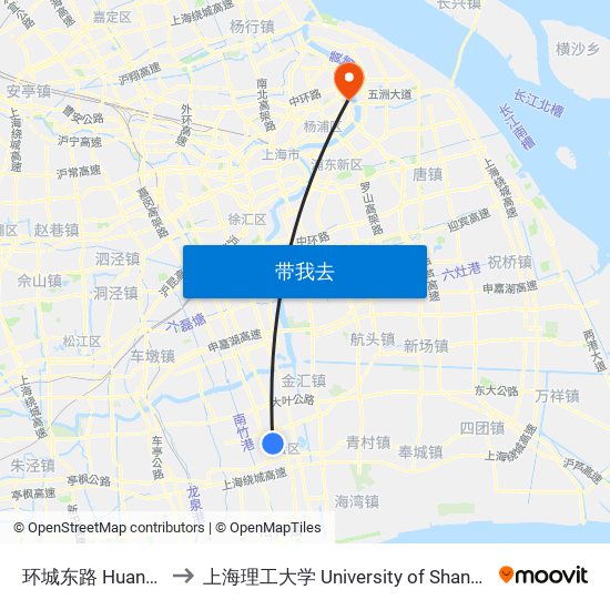 环城东路 Huanchengdong Road to 上海理工大学 University of Shanghai for Science and Technology map