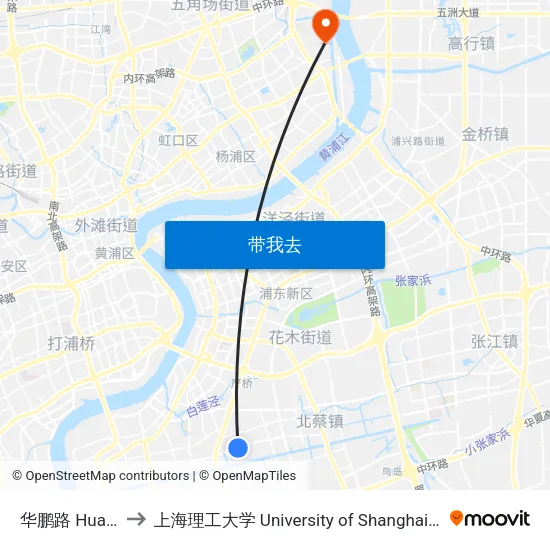 华鹏路 Huapeng Road to 上海理工大学 University of Shanghai for Science and Technology map