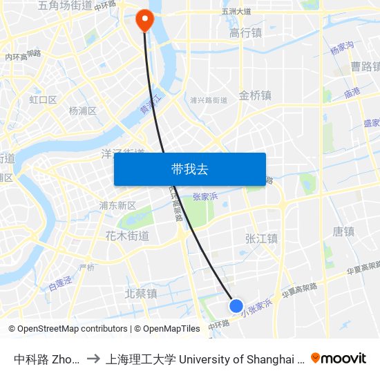 中科路 Zhongke Road to 上海理工大学 University of Shanghai for Science and Technology map