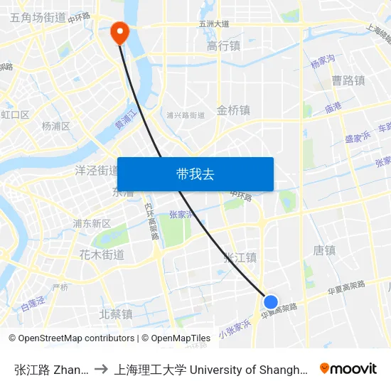 张江路 Zhangjiang Road to 上海理工大学 University of Shanghai for Science and Technology map