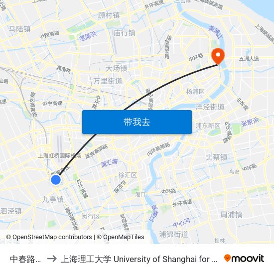 中春路星站路 to 上海理工大学 University of Shanghai for Science and Technology map