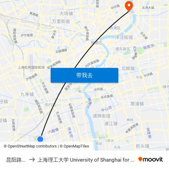 昆阳路宋长浜 to 上海理工大学 University of Shanghai for Science and Technology map