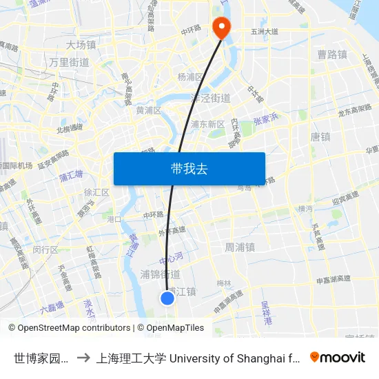 世博家园十一街坊 to 上海理工大学 University of Shanghai for Science and Technology map