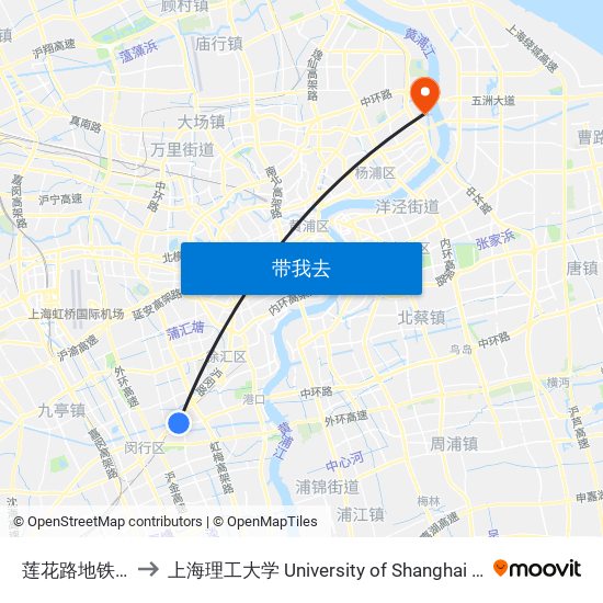 莲花路地铁站(南广场) to 上海理工大学 University of Shanghai for Science and Technology map