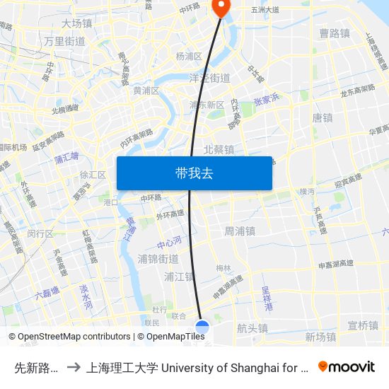 先新路召楼路 to 上海理工大学 University of Shanghai for Science and Technology map