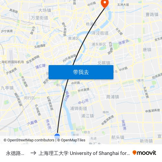 永德路曹家塘路 to 上海理工大学 University of Shanghai for Science and Technology map