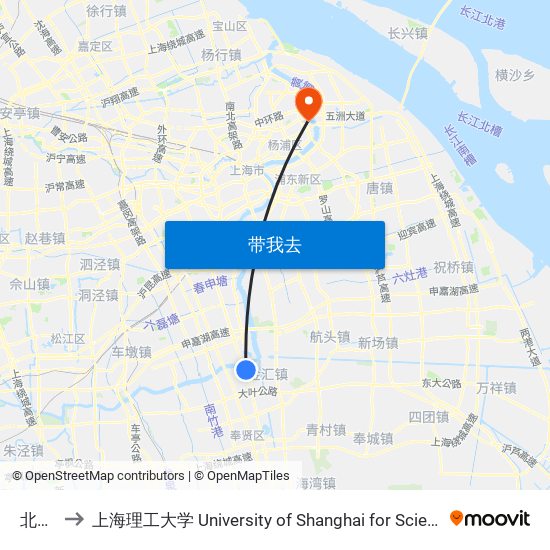 北新村 to 上海理工大学 University of Shanghai for Science and Technology map