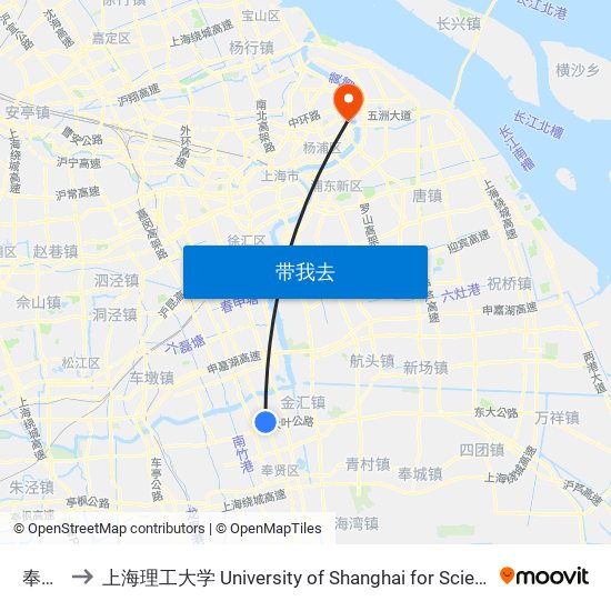 奉金路 to 上海理工大学 University of Shanghai for Science and Technology map