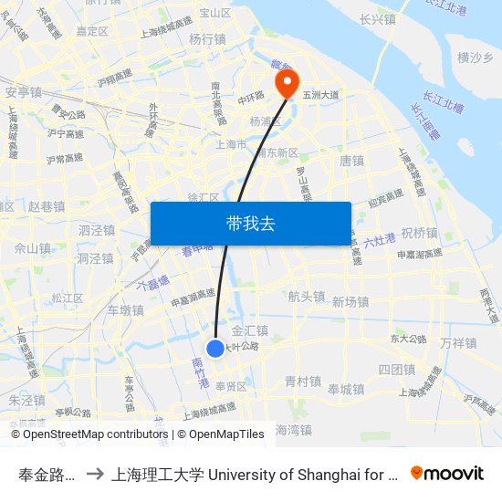 奉金路扶港路 to 上海理工大学 University of Shanghai for Science and Technology map