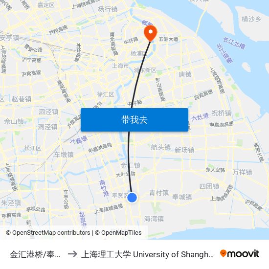 金汇港桥/奉贤区中心医院 to 上海理工大学 University of Shanghai for Science and Technology map