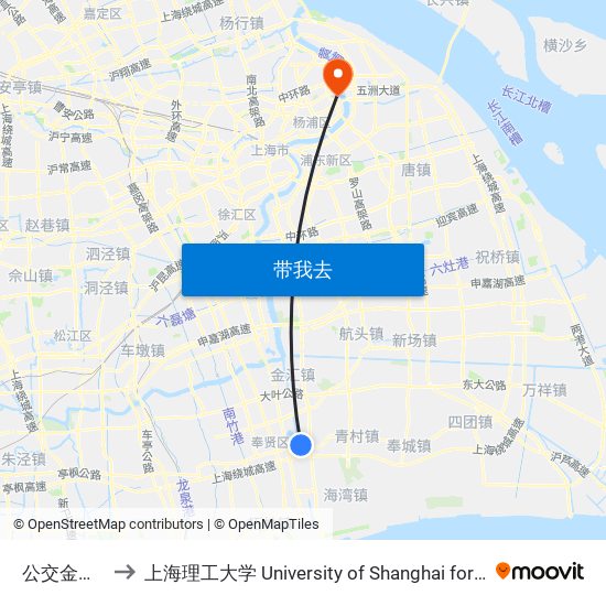 公交金钱公路站 to 上海理工大学 University of Shanghai for Science and Technology map