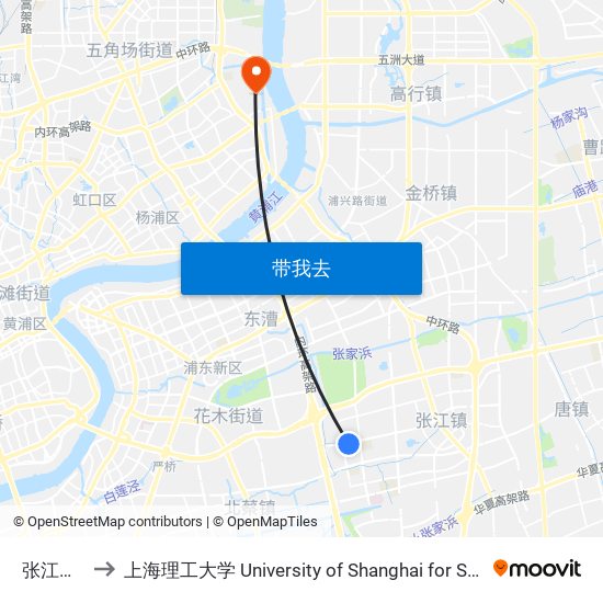 张江地铁站 to 上海理工大学 University of Shanghai for Science and Technology map