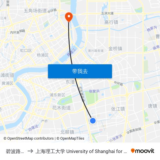 碧波路高科路 to 上海理工大学 University of Shanghai for Science and Technology map