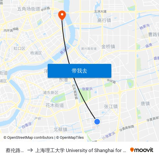 蔡伦路金科路 to 上海理工大学 University of Shanghai for Science and Technology map