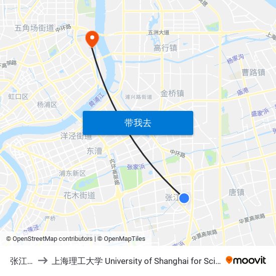 张江中学 to 上海理工大学 University of Shanghai for Science and Technology map