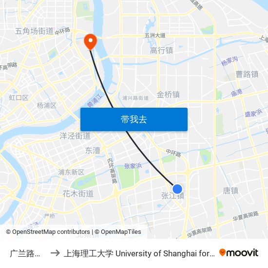 广兰路祖冲之路 to 上海理工大学 University of Shanghai for Science and Technology map