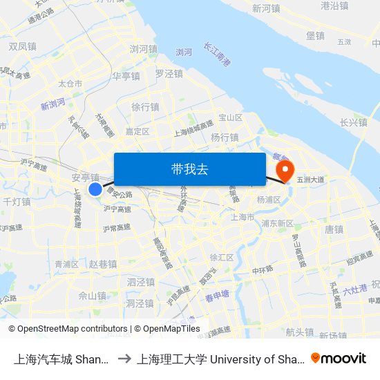 上海汽车城 Shanghai Automobile City to 上海理工大学 University of Shanghai for Science and Technology map