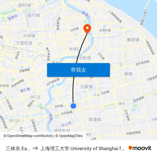 三林东 East Sanlin to 上海理工大学 University of Shanghai for Science and Technology map